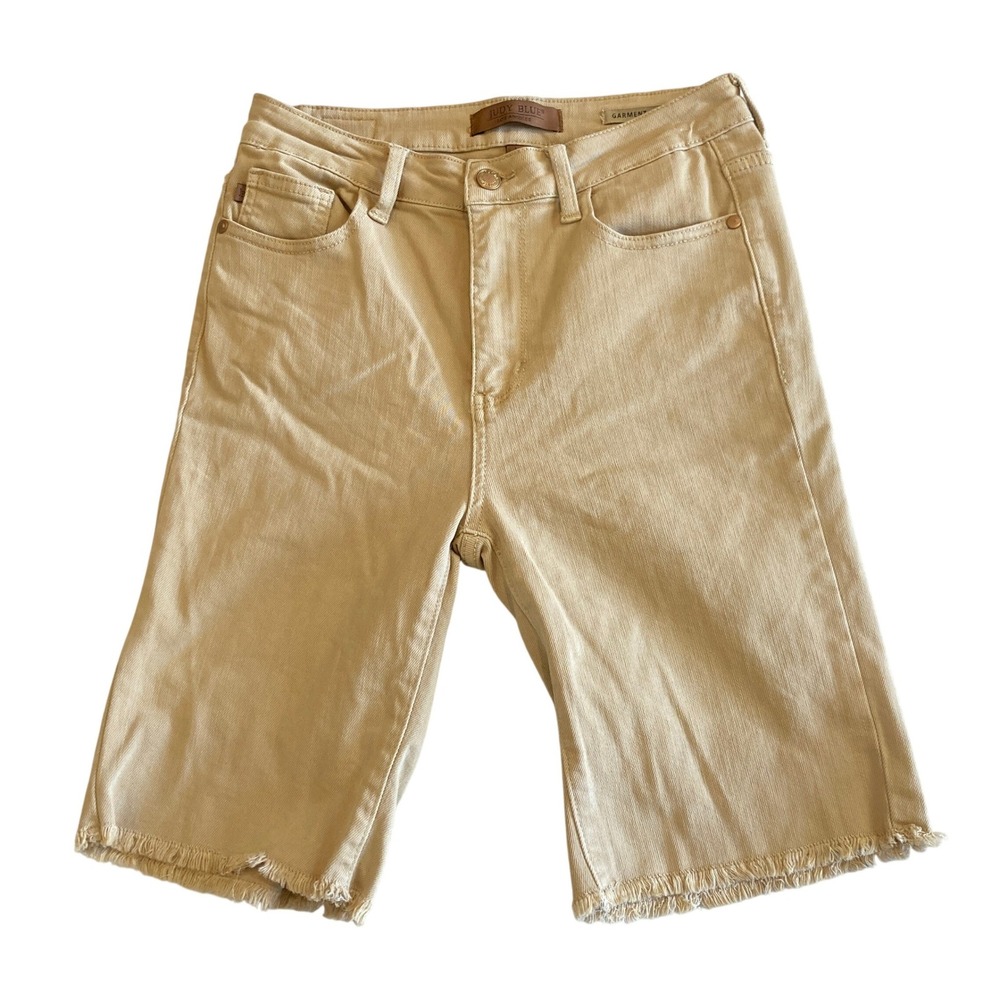 Judy Blue Shorts Women M‎ (W26) Tan Garment Dyed Bermuda Denim Raw Hem JB150071C